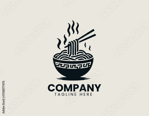 Steaming ramen noodles lifted by chopsticks from decorative bowl in traditional black vector logo design illustration