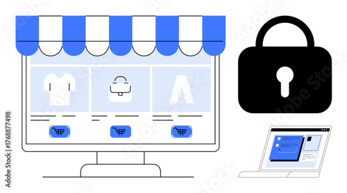 Computer screen displays an e-commerce website with products and shopping cart icons, a digital security lock, and a secure payment interface. Ideal for online shopping, payment security, e-commerce