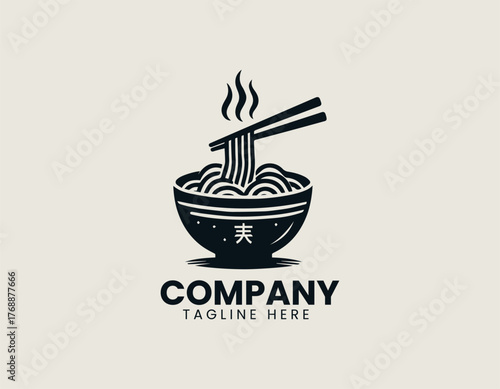 Steaming ramen noodles lifted by chopsticks from decorative bowl in traditional black vector logo design illustration