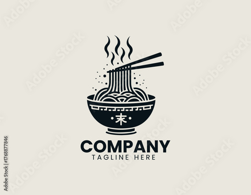 Steaming ramen noodles lifted by chopsticks from decorative bowl in traditional black vector logo design illustration