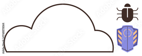 Cloud outline linked to cybersecurity elements, including a bug icon symbolizing threats and a shield for protection. Ideal for tech safety, secure storage, antivirus, data protection, cloud