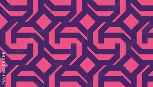 A seamless geometric pattern featuring interlocking lines and diamond shapes in deep purple and soft pink colors. The bold contrast creates a vibrant and modern visual rhythm
