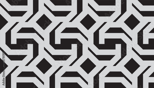 A seamless geometric pattern with interlocking shapes in black and gray tones, forming a bold optical illusion effect. The design features angular lines and diamond motifs