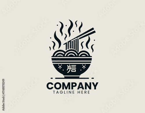 Steaming ramen noodles lifted by chopsticks from decorative bowl in traditional black vector logo design illustration