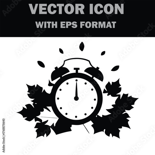 Time change and autumn season, white analog alarm clock in pile of red maple leaves on a sunny fall day