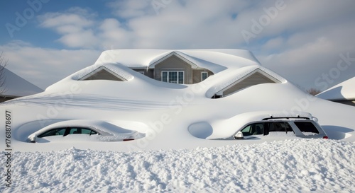 A residential home and vehicles completely buried under a massive amount of freshly fallen snow