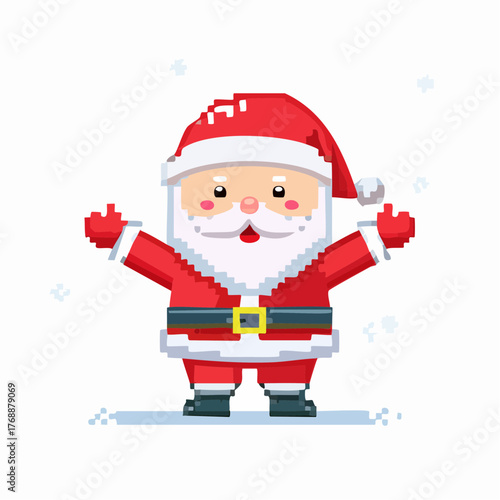 Cute Pixel Art Santa Claus with Outstretched Arms and Snowflakes