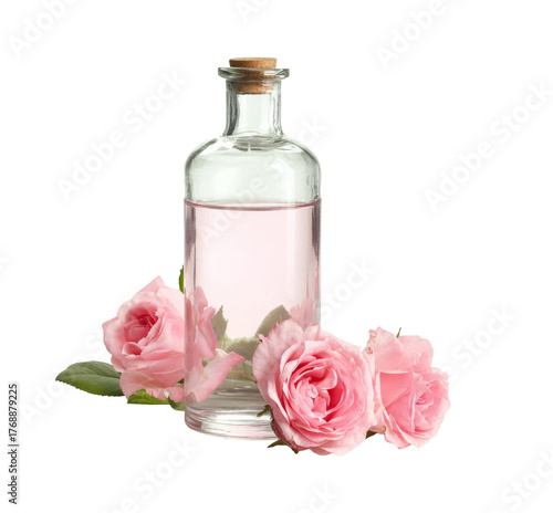 rose water in glass bottle with pink roses on white background