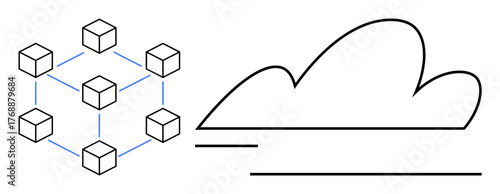 Linked cube nodes form a blockchain network next to a stylized cloud. Ideal for blockchain, cloud storage, data sharing, digital security, technology innovation, online infrastructure, simple flat