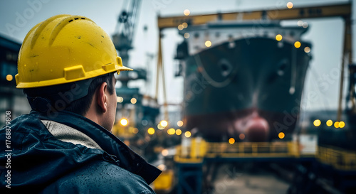 Shipyard worker wearing a yellow hard hat looking at a large ship