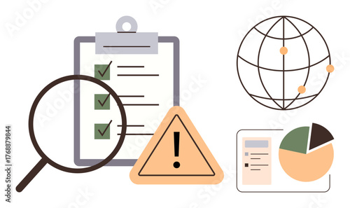 Magnifying glass inspecting checklist, warning sign, chart, and globe with data points emphasize analysis, safety, global connectivity, and evaluation. Ideal for risk assessment, compliance