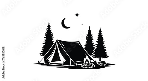 A cozy campsite with a tent and campfire under a crescent moon and stars in a forest silhouette