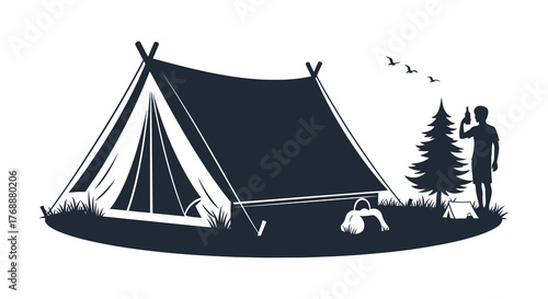 A frame tent pitched in a forest clearing with a person and a dog camping scene silhouette