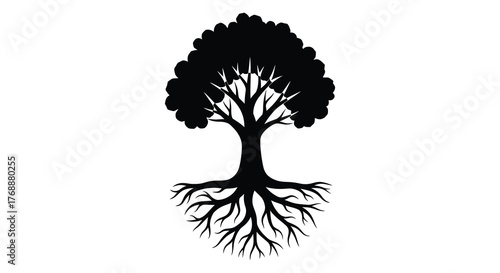 A detailed black silhouette of a mature tree with a full canopy and extensive root system on a white background silhouette