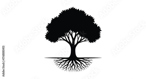 A detailed black silhouette of a mature tree with exposed roots against a white background showcasing its organic form