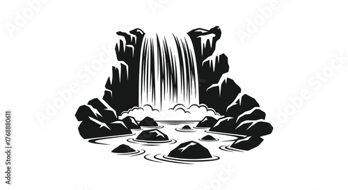 Dramatic black and white silhouette of a powerful waterfall cascading over rocky cliffs into a serene pool below silhouette