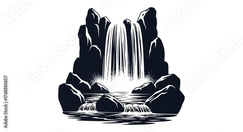 Dramatic dark silhouette of a powerful waterfall cascading down jagged rocks into a serene pool below silhouette