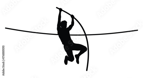 Dynamic silhouette of a pole vaulter in mid air during a competitive athletic event silhouette