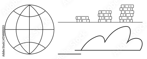Globe symbolizing global connectivity, cloud implying modern technology, and coin stacks representing financial growth. Ideal for finance, technology, data, innovation, globalization, business