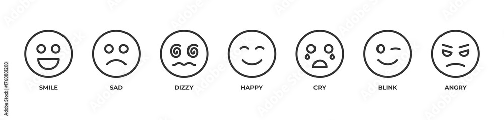 Fototapeta premium Pure Emotion Icons set vector illustration outline with Smile, Sad, Dizzy, Happy, Cry, Blink, Angry