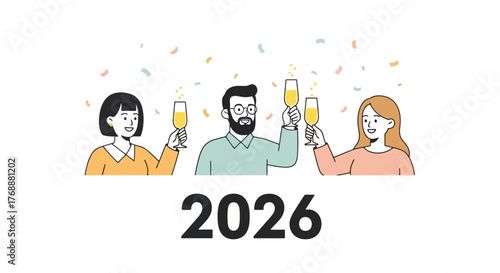 Celebrating the Arrival of 2026 with Joyful Toasts and Festive Confetti, perfect for New Year Greetings, Event Invitations, and Celebration Announcements