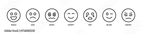 Pure Emotion Icons set vector illustration outline with Smile, Sad, Dizzy, Happy, Cry, Blink, Angry