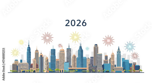 New York City Skyline Illustration with "2026" Designating a Future Event or Anniversary, Suitable for Travel, Tourism, and Urban Planning Presentations