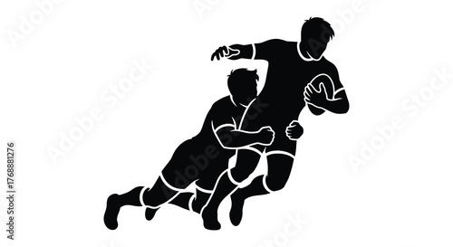 Dynamic silhouette of a rugby player running with the ball being tackled by an opponent silhouette