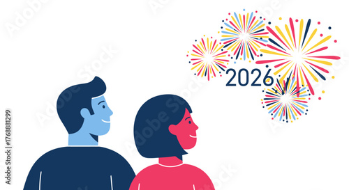 Illustration of a couple celebrating New Year 2026 with colorful fireworks display against a clean white background, perfect for festive greetings and event promotions.