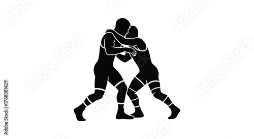 Two male wrestlers locked in a struggle during a competitive match depicted as a dynamic black silhouette