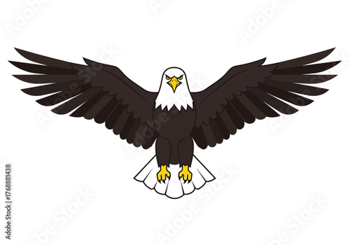 Majestic bald eagle soaring with outstretched wings against a white backdrop.