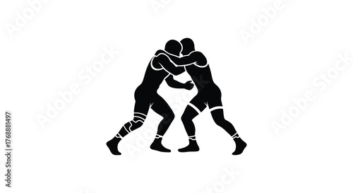 Dynamic silhouette of two wrestlers locked in a fierce grappling match on a white background silhouette
