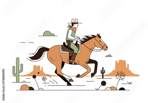 Cowboy riding horse in desert landscape with cacti and mesas.