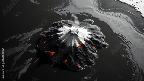 Black-and-white satellite image of a newborn island glowing with geothermal energy in glacial waters.