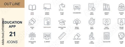 
Education app out line icons set for apps, UI and web. Includes school, study, online learning, knowledge, exam, graduation, library, tutorial and academic symbols.