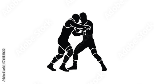 Dynamic silhouette of two wrestlers locked in a fierce grappling match on a white background silhouette
