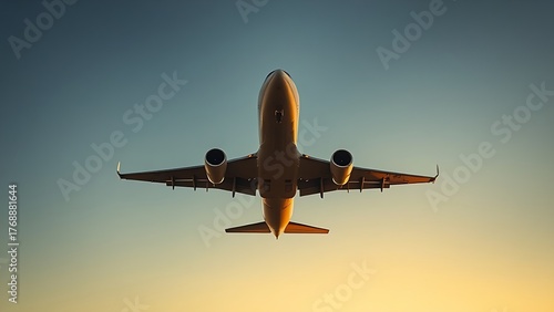Airplane ascending into clear blue sky during golden hour view.