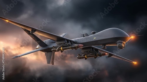 A modern, armed military drone flies in a dark, stormy sky. The aircraft is shown in flight