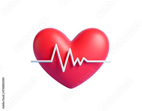 Glossy red heart with a white electrocardiogram line across it, against a solid black background