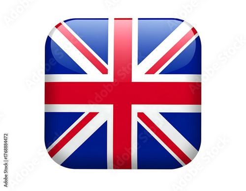 Glossy, rounded square icon depicting the flag of the United Kingdom against a black background, visually appealing