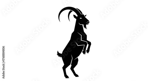 A black silhouette of a goat standing on its hind legs with curved horns is presented against a.