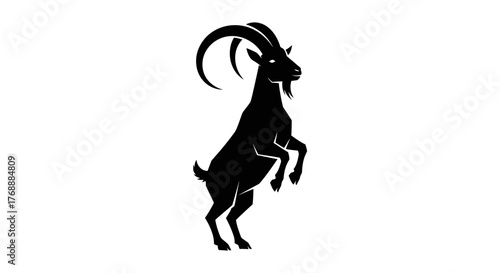 A black silhouette of a goat standing on its hind legs with large curved horns is presented.