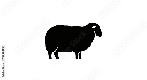 A simple black silhouette of a sheep standing against a white plane, creating a minimalist.