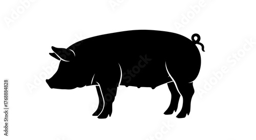 A black silhouette of a pig is displayed against a white surface, showcasing its distinctive.