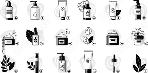 Collection of various cosmetic products in black and white line art style illustration vector design