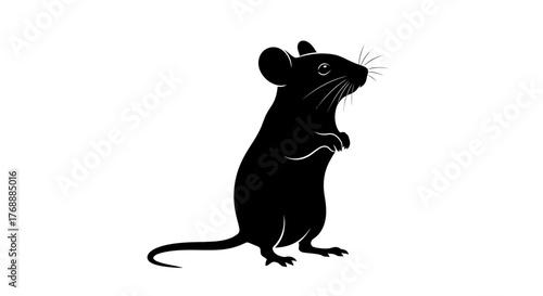 A silhouette of a small mouse standing on its hind legs, looking alert and curious on a white.