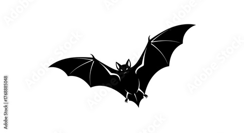 A black silhouette of a bat with its wings spread against a plain white surface for spooky season.