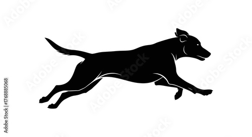 A black silhouette of a dog is running or jumping, isolated on a white plain, in a simple and.