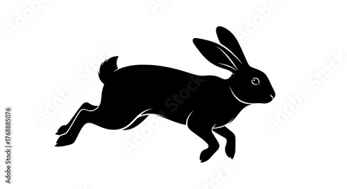 A black silhouette of a rabbit is running or jumping, isolated on a white field.