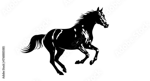 A black silhouette of a horse is captured in mid gallop, showcasing its muscular build and dynamic.